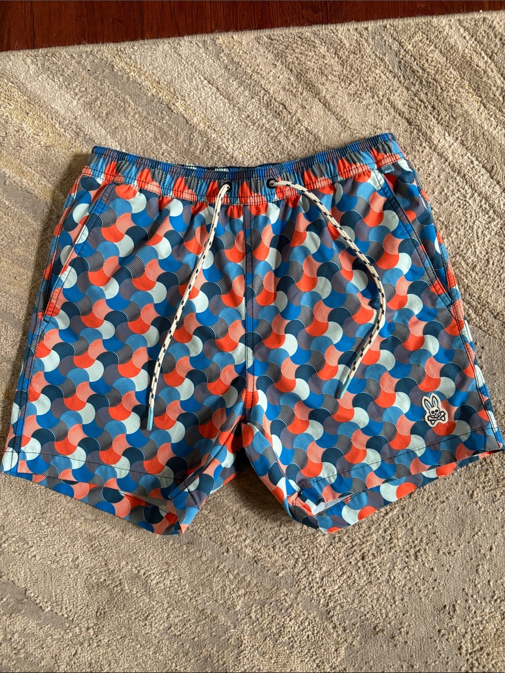 Psycho Bunny Blue, Coral & White Wave-Pattern Swim Trunks EUC